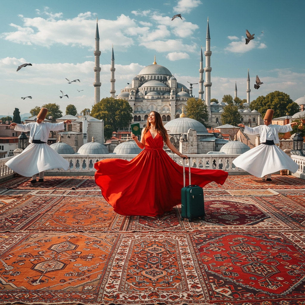Woman traveler in Istanbul with Whirling Dervishes and Blue Mosque view